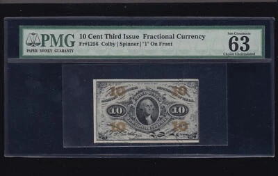 US 10c Fractional Currency Note 3rd Issue with "1" FR 1256 PMG 63 EPQ Ch CU(002) - Image 1 of 2