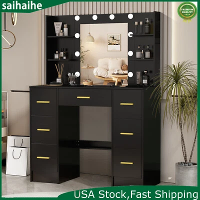 Vanity Makeup Table Set w/ 10 LED Lighted Mirror & 7 Drawers Black Dressing Desk - Image 1 of 4