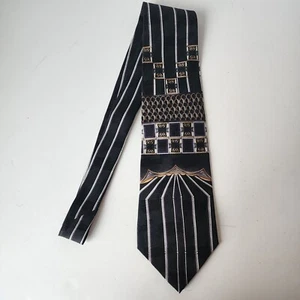 J Ferrar Silk Tie Black Gold White Crown Striped Design 4" x 61" - Picture 1 of 7