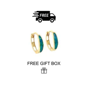 14k Yellow Gold Dark Green Opal Huggie Hoop Earrings - Picture 1 of 1