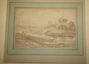 FRANZÖSISCHE SCHULE XVIII ZEICHNUNG LAVIS TINTE LANDSCHAFT FELD FLUSS BÄUME 1780 b - Bild 1 von 9