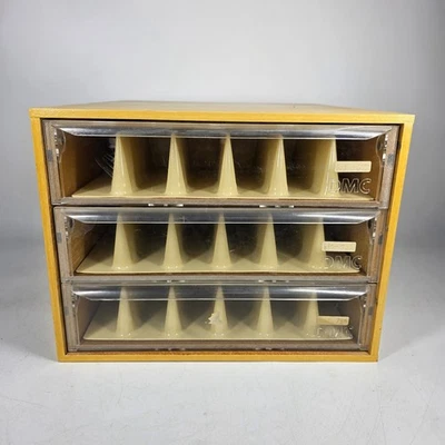 Vintage DMC Thread Floss Wooden 3 Drawer Box Embroidery Storage with Dividers  - Image 1 of 4