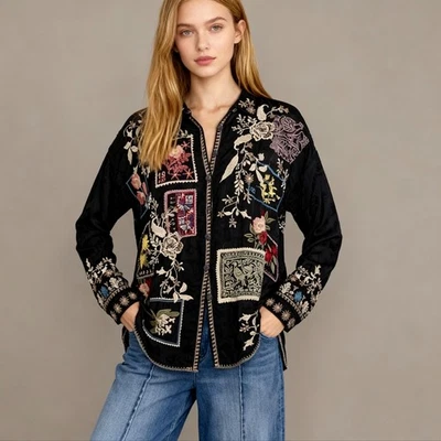 NWOT Johnny Was Briony Blouse Button Front Floral Embroidery Black Top Shirt S - Image 1 of 4