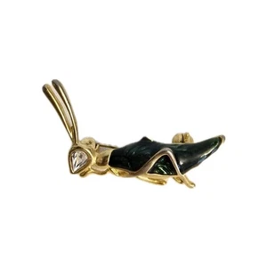 Vintage Brosche goldfarben grün Emaille Körper Strass Auge Heuschrecke Anstecknadel - Bild 1 von 5