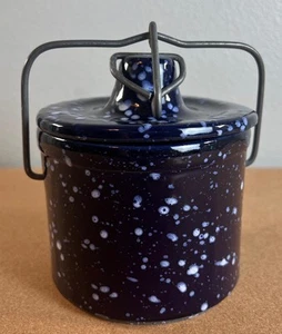 Crock Cheese Butter Dark Blue Speckled Spatterware Stoneware w/wire Lid - Picture 1 of 5