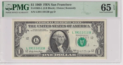 Fr 1903-L 1969 $1 FRN L39111012B PMG 65EPQ SAN FRANCISCO GREEN SEAL GEM CU - Image 1 of 2