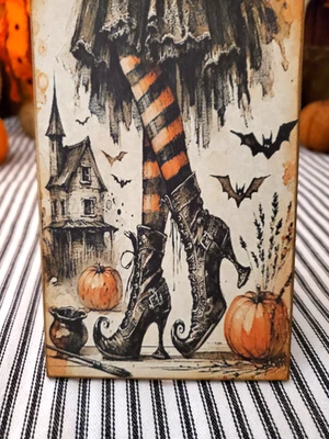 SHABBY VINTAGE STEAMPUNK PRIMITIVE STYLE HALLOWEEN WITCH LEGS IN SHOES WOOD SIGN - Image 1 of 4