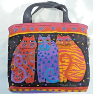 Feline Friends Laurel Burch Cats Used Plastic Lined Canvas Purse Tote Handbag - Picture 1 of 10