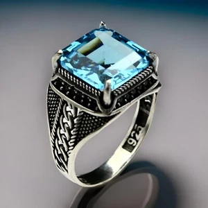 Men's Ring Blue Aquamarine Gemstone Solid 925 Sterling Silver Jewelry Size 7-15 - Picture 1 of 8