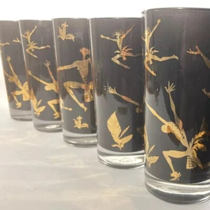 Vintage MCM Federal Josephine Baker Dancer Glasses Black & Gold Set Of 5 - Picture 1 of 8