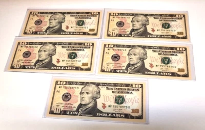 (5)FIVE 2013 $10 FRN's MF/F BLOCK  ATLANTA-GEM-CHCU- IN SEQUE0NCE-VERY GRADEABLE - Image 1 of 4