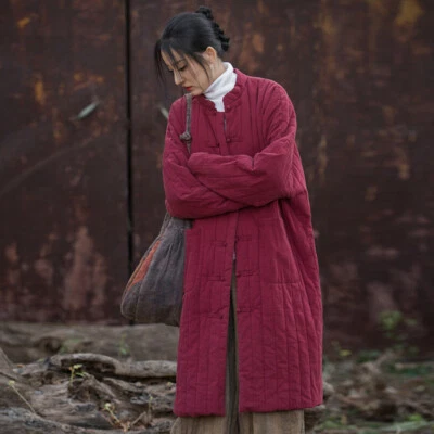 Winter Cotton Linen Womens Thickened Cotton Warm Quilted Long Coat Cotton Padded - Image 1 of 4
