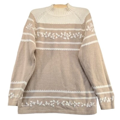 Northern Reflections Men's Knit Sweater M Long Sleeve Tan Floral Embroidered - Image 1 of 4