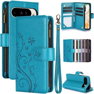 Zipper Butterfly Flower Wallet Phone Case For Google Pixel 9 8 7 6 Pro 6A 7A 8A - Image 1 of 4