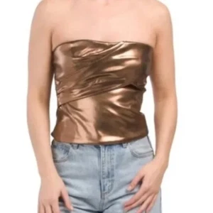 Zara Bronze Tube Top Metallic Leather Look Strapless Top size L UK 12 - Picture 1 of 6