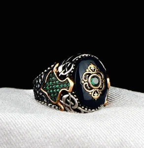 Handmade 925 Sterling Silver Emerald Stone jewelry Gift Mens Ring All Size 08 - Picture 1 of 5