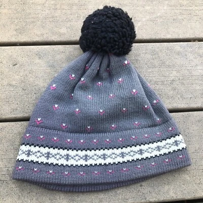 Vintage Stowe Woolens Ski Beanie Gray & Pink Hat Winter Cap w Pom, Touque, stain - Image 1 of 4
