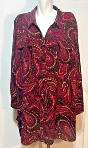 Catherines Women Tunic Top Shirt Blouse 3X Burgundy Black Paisley Button Down - Picture 1 of 6