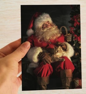 Santa Claus Christmas Cards & Packs Traditional Father Christmas Tabby Cat Xmas - Picture 1 of 12