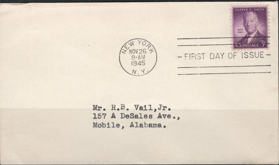 US Scott #937, "Alfred Smith", Addressed FDC - Image 1 of 1