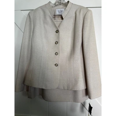 NUEVO CON ETIQUETAS Le Suit Petite Para Mujer Beige Lino Textura Blazer Falda Conjunto Traje Talla 16P Foto 1 de 4
