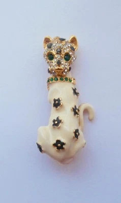 BN Vintage 1980's Gold Metal Enamel Crystal-Set Ocelot Tiger Leopard Cat Brooch - image 1 of 4