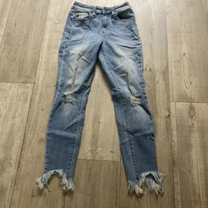 KanCan Womens 3/25 Light Blue Wash Mid Rise Denim Skinny Jeans Distressed Ankle - Picture 1 of 4