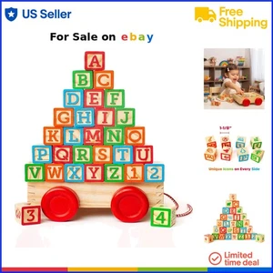 Wooden Baby Blocks Set 30 Colorful Alphabet Number Stacking Toy for Toddlers - Picture 1 of 11