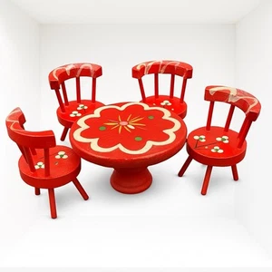 Vintage Dollhouse Kitchen Table & Chairs Set Red Wood Folk Art Miniature 1:16 - Picture 1 of 10