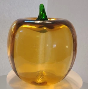 Blenko Glass  9355 S Optic Art Glass Topaz Pumpkin with Green Stem  4" tall - Picture 1 of 5