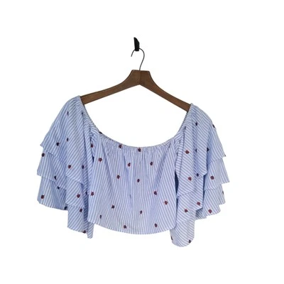 NWT Olivaceous Blue & White Striped Embroidered Rose Crop Top Ruffle Sleeve Sz S - Image 1 of 4