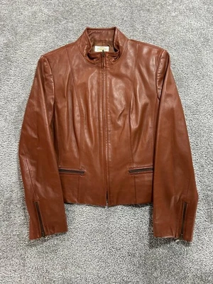 Talbots Fitted Leather Biker Jacket Womens 12 Brown Lined Mock Neck Racing - Image 1 of 4