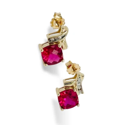 9ct Two Tone Cushion Cut Created Ruby  & Diamond Studs 1.8g Preloved - Image 1 of 4