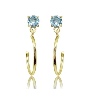 Yellow Gold Flashed 925 Silver 4mm Blue Topaz Dangling Half Hoop Stud Earrings - Picture 1 of 3