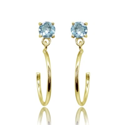 Yellow Gold Flashed 925 Silver 4mm Blue Topaz Dangling Half Hoop Stud Earrings - Image 1 of 3
