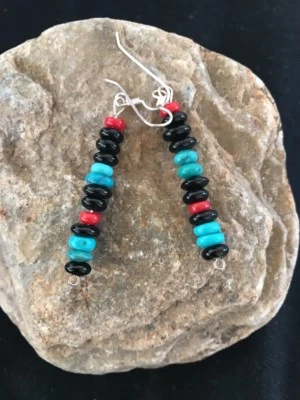 Navajo Sterling Silver Turquoise Black Onyx Coral Earrings 08334 - Image 1 of 4