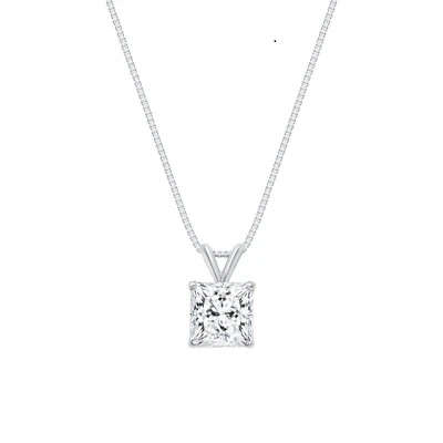 2 Ct Princess Real 14K White Gold Created Diamond Solitaire Pendant Necklace 18 - Image 1 of 2