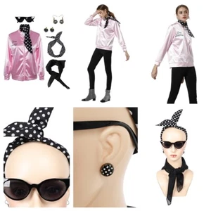 Grease Pink Ladies Cosplay Satin Coat With Neckscarf Costume Retro Fancy Jacket - Picture 1 of 16
