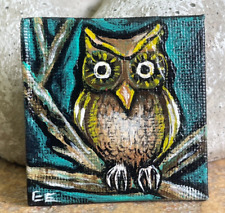 Original Painting Owl in Tree 2x2" acrylic on canvas signed OOAK E Edwards