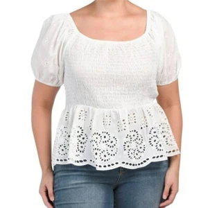 NWT ADIVA Plus Eyelet Peplum Hem Smocked Cotton Blouse Top Size: 1X, 2X - Picture 1 of 4