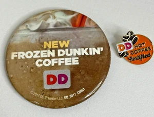 Dunkin Donuts Hot Coffee Certified Pin & Frozen Dunkin Coffee DD 3" Button - Picture 1 of 6