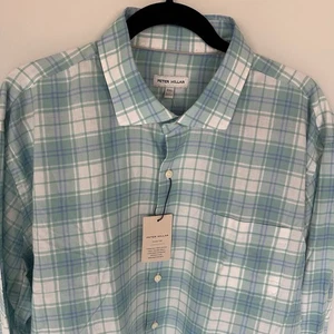 camicia peter millar uomo XXL plaid verde acqua bianco 100% cotone manica lunga - Foto 1 di 9