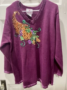 Quaker Factory Vintage Fall Sweater, Thanksgiving, Sequined, Size 1X - Picture 1 of 3