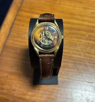 Reloj de pulsera vintage Fossil SK-4905 esqueleto cuarzo con correa de cuero marrón Foto 1 de 4