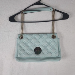 Kate Spade Schultertasche gesteppt genarbtes Leder Drehverschluss blau gold Kette - Bild 1 von 16