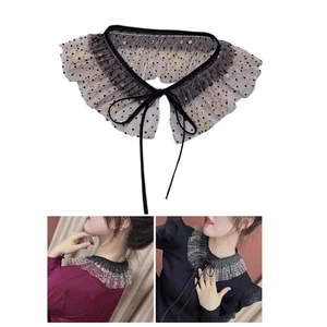 Women False Collar Shawl Sparkly Dots Sheer Organza Mesh Ruffled Ties Up Capelet - Picture 1 of 8