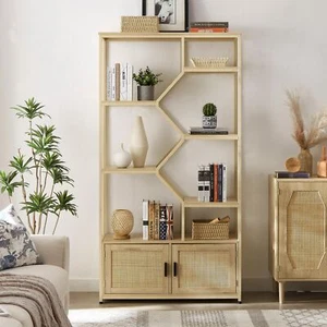 Rattan 7-Tier Bookshelf with Cabinet for Living Room/Home Office, Natural - Picture 1 of 12