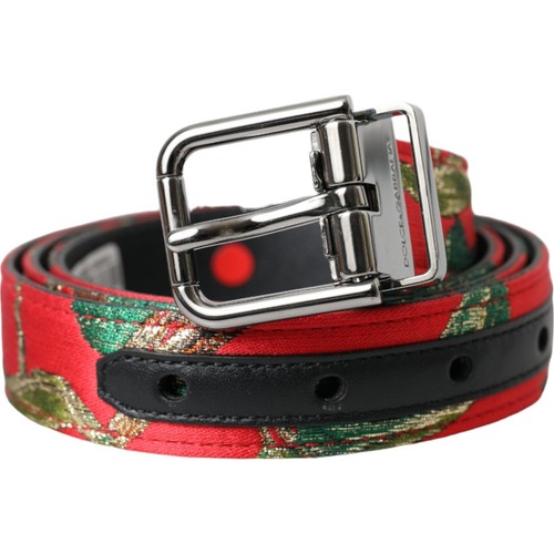 DOLCE & GABBANA Belt Red Leather Jacquard Silver Metal Buckle 90cm/36in 610usd