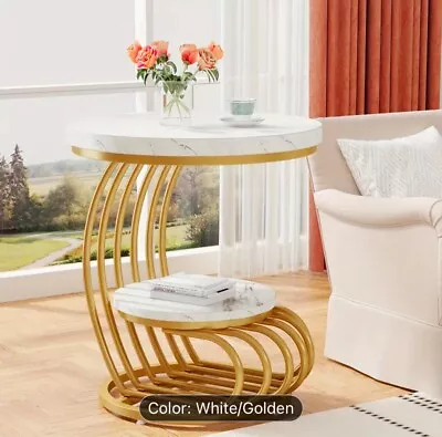 Round End Golden 2 Tiers Table for Living Room, Bedroom With Metal Frame Accent - Image 1 of 4