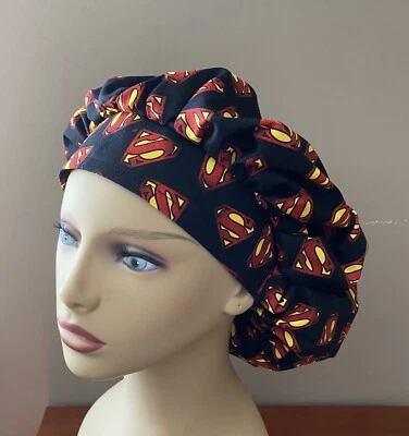 Superman Bouffant or surgical scrub cap hat women made with Superman Fabric - Image 1 of 4
